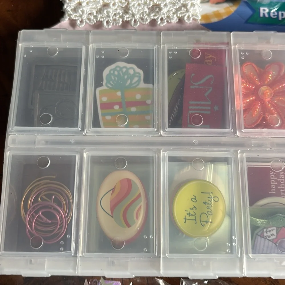 NEW Scrapbook organizer container filled with items, tape, trim and so much more